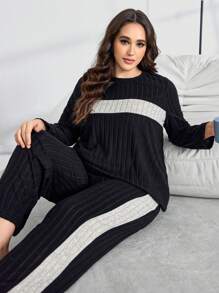 SHEIN 2-teiliges Set in Große Größen, personalisierter Farbspleiß, gebürsteter Fleece Trainingsanzug, Herbst-Winter Kleidung, gemütlicher Outfit, flauschiger Schlafanzug - Schwarz - Übersicht 7