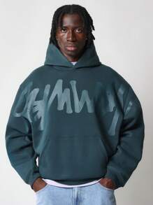 SUMWON 舒适街头连帽衫，带有时尚涂鸦品牌印花，秋冬休闲套头衫，都市时尚运动衫，带中央口袋 - 綠色 - 查看 2