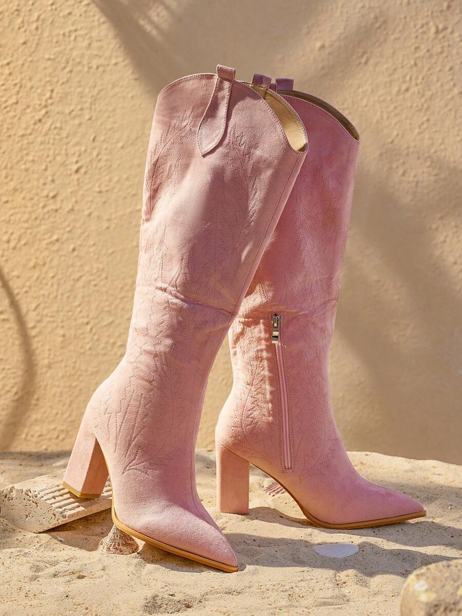 Styleloop 时尚秋冬女士高跟过膝靴，性感派对细跟长靴，波西米亚风格，复古美式，波西米亚风，西部音乐节，派对，圣诞节，万圣节 - 粉色 - 查看 1