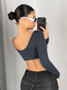 SHEIN ICON Super Crop Top With Deep V Neckline & Breast Detail Fitted Long Sleeve Ladies Blouse