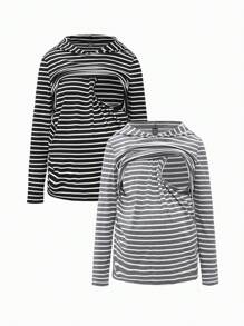 SHEIN Maternity 2pcs Women Fitted Striped Hooded Long Sleeve Tops, Nursing