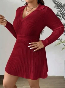 Celure Plus Size Women's Waist-Cinched Fitted Polo Collar Long Sleeve Knit Dress For New Year Clothes, For Winter - Red - View 5