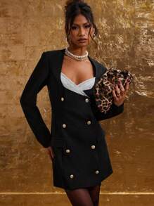 COSMINA Women Elegant Color Blocking Lace Patchwork Double-Breasted Mini Dress, Autumn - Black and White - View 5