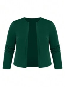 SHEIN Clasi Conjunto de 2 piezas talla grande para mujer: Chaqueta de manga larga de frente abierto en unicolor y vestido evasé de cuello redondo sin mangas con estampado floral