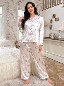CottageSlumber Große Größen Blume Muster Faux-Seide Hemdkragen Langarm Top & Hose Pyjama Set, gemütlich und elegant, Herbst Winter Kleidung - Weiss - Übersicht 5