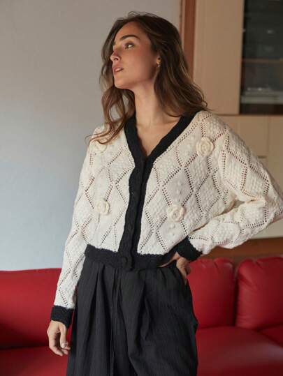 SHEIN X Angie Costa Chiquease كارديجان طويل الأكمام بنمط زهري ثلاثي الأبعاد على خلفية باللونين الأسود والأبيض ، بطراز فرنسي متعدد الاستخدامات للسيدات