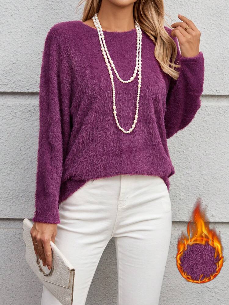 Damen Rundhals einfarbiges flauschiges Lässig Langarm T-Shirt