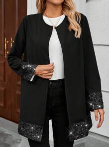 EMERY ROSE Women Casual Patchwork Glitter Print Open Front Regular Jacket, Autumn Christmas Women Clothes Holiday Outfits Sequin - Black - View 1