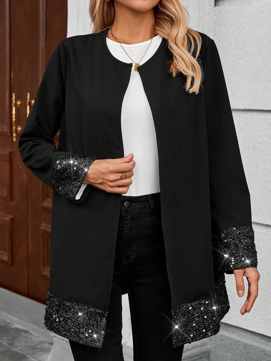 EMERY ROSE Women Casual Patchwork Glitter Print Open Front Regular Jacket, Autumn Christmas Women Clothes Holiday Outfits Sequin - Black - View 1