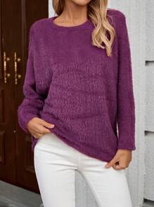 EMERY ROSE T-shirt casual à manches longues, en couleur unie, avec un col rond et moelleux, pour femmes