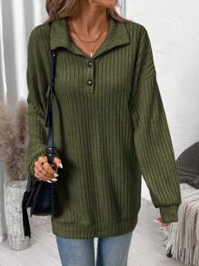 EMERY ROSE Women's Solid Color Front Button Long Sleeve Casual Sweatshirt - Army Green - View 4