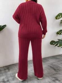 Calvaya 大码女士套装，休闲纯色落肩宽松口袋开衫和针织长裤，冬季