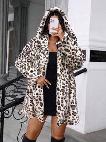 Allurite Plus Size Open Front Leopard Print Casual Long Sleeve Jacket For Everyday Wear - Beige - View 3