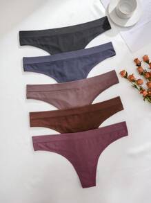 5pcs/Set Plus Size Seamless Comfortable Ribbed Thong Panties, Casual Collection - Multicolor - View 5