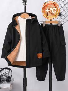 2 Pieces Young Boys Leisure College Comfortable Fashion Simple Practical All-Match Decoration Comfortable Thick Warm Long Coat And Trousers Cost-Effective Suit Kids Outfits