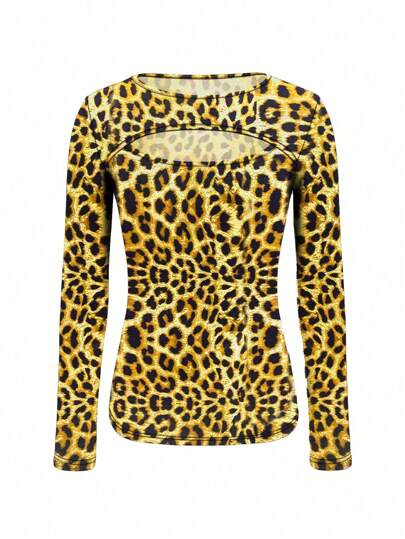 INAWLY Women's Crew Neck Long Sleeve Hollow Out Leopard Cheetah Print Casual T-Shirt Fall Cloth For Women