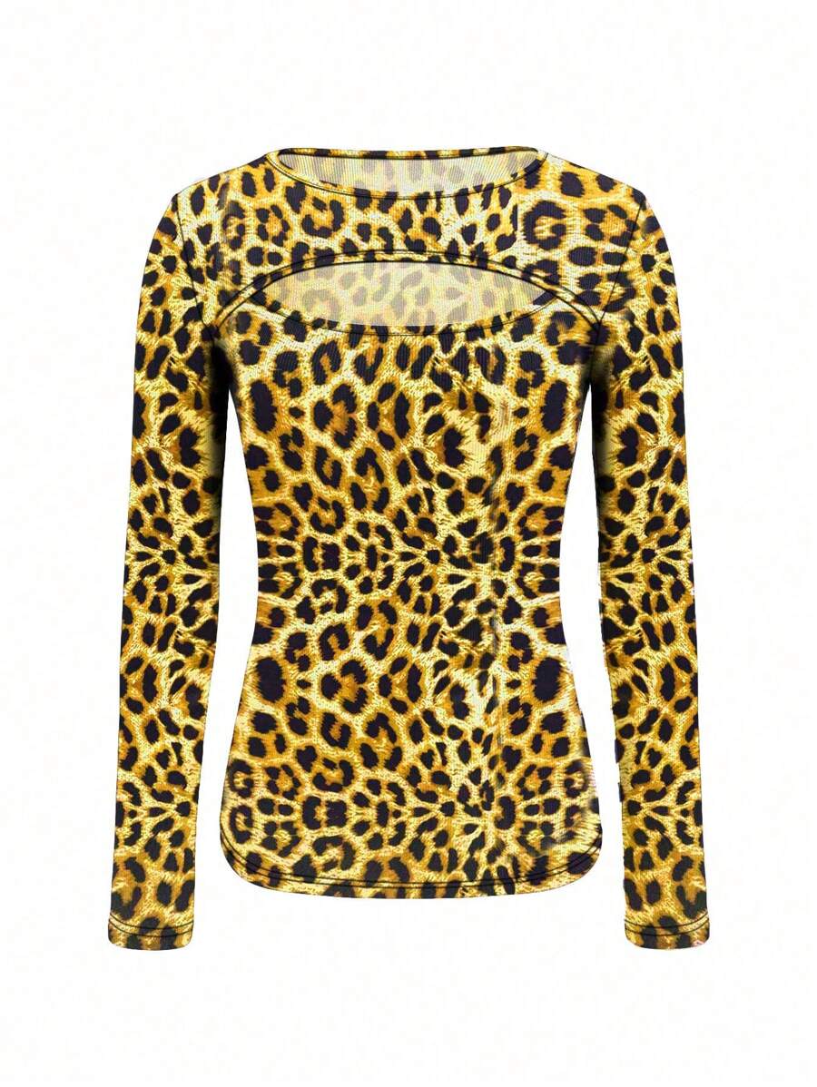 INAWLY Camiseta Casual Feminina de Manga Longa com Decote Redondo e Estampa de Leopardo e Guepardo Vazada - Gengibre - Visão 1