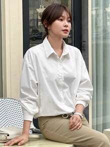 DAZY Women's Turn-Down Collar Loose Hem Drawstring Jacket Long Sleeve Top - White - View 8