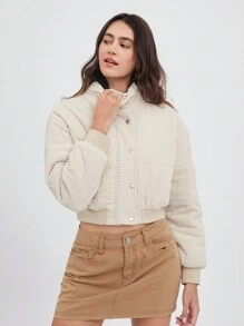 SHEIN EZwear 女式纯色前扣长袖防风外套，秋冬 - 杏色 - 查看 4