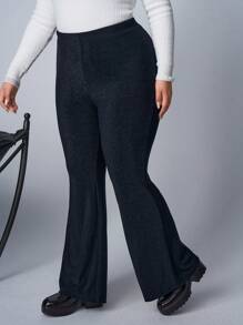 SHEIN EZwear Plus Size Glossy Elastic Knit Flare Pants, Suitable For Party - Silver - View 4