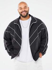 Manfinity NXTstreet Plus Size Men Woven Long Sleeve Jacket, Going Out Zipper Fashion Black Jacket, For Friends, Husband, Boyfriend Gifts