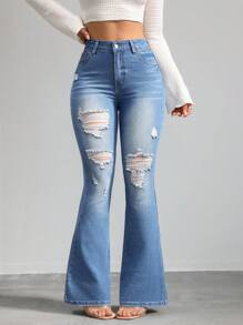 SHEIN Tall 女式牛仔裤紧身弹力破洞喇叭裤蓝色高腰紧身喇叭裤牛仔裤女式紧身裤牛仔布喇叭裤紧身裤喇叭裤高腰女裤，秋季女装 - 中等水洗藍 - 查看 2