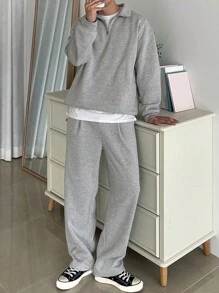 DAZY Men 2pcs/Set Solid Color Full Zip Up Sweatshirt & Sweatpants Sports Suit, Autumn, Cozy Outfits Quarter Zip Men - Light Grey - View 6
