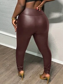 Slaydiva 女士纯色 PU 皮革双排扣修身性感长裤