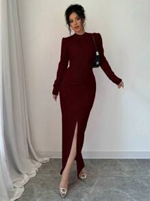 Selianne Đầm Maxi Tay Dài Xếp Ly Cổ Đứng Chia Viền Màu Trơn Trang Phục Nữ - Gỗ đỏ - Xem 5