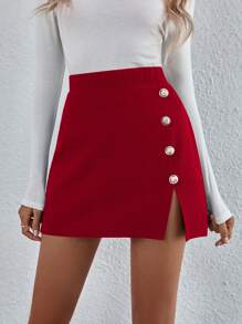 Ellegaria. 秋季优雅纯色纽扣装饰开衩下摆裙子新年衣服