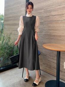 DAZY Đầm dài vừa phải không tay cổ tròn màu trơn cho nữ - Màu xám đen - Xem 5