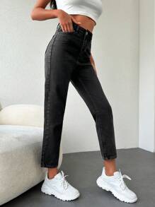 RueChic 純色高腰牛仔褲 - 深灰色 - 查看 3