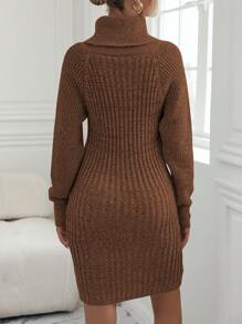 Chiquease 女士纯色高领长袖休闲短款毛衣连衣裙 - 鏽棕色 - 查看 2