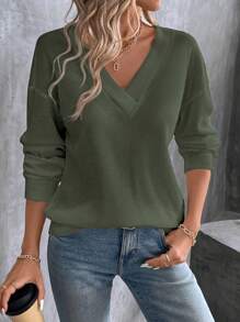 SHEIN LUNE 女士纯色 V 领休闲百搭长袖 T 恤