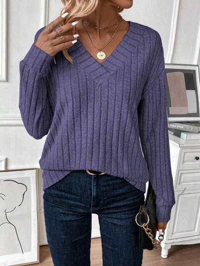 EMERY ROSE Women Casual Solid Color V-Neck Drop Shoulder Loose Fit Pullover Sweatshirt, Spring And Autumn