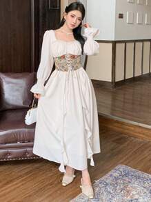 DAZY 女士秋季长袖宫廷风中长连衣裙，新年舞会礼服，荷叶边奢华优雅女装 - 米色 - 查看 5