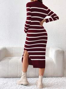 SHEIN Maternity Striped Round Neck Long Sleeve Side Slit Hem Long Sweater Dress, Autumn/Winter Fall Clothes