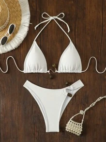 女士性感白色吊带比基尼 2 件套比基尼套装 夏季 - 白色 - 查看 3