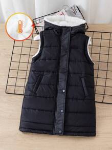 SHEIN 带帽拉链的年轻女孩加厚背心，冬季保暖厚实 - 黑色 - 查看 5