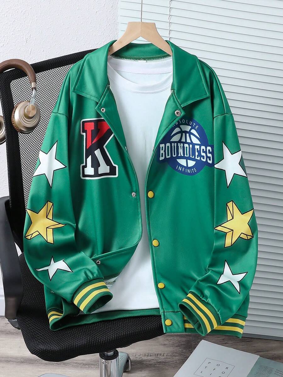 SHEIN Explorewe Teenage Boys Star Pattern Fuzzy Vintage Long Sleeve Cardigan Jacket - Army Green - View 1