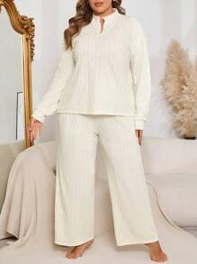 Plus Size Long Sleeve Jacquard Knit Front Zip Sweatshirt And Pants Pajama Set - Beige - View 5
