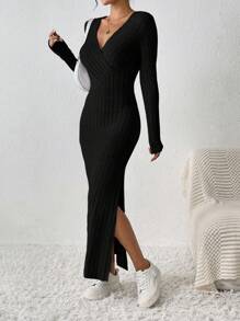 SHEIN Frenchy 女士优雅纯色 V 领长袖开衩下摆连衣裙 - 黑色 - 查看 6