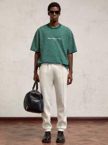 AKNOTIC Business Casual Men's Loose Knit Striped Round Neck Short Sleeve T-Shirt - Green - View 6