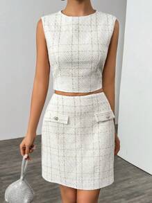 Chiquease 法式优雅粗花呢短款上衣和迷你裙 2 件套女士商务套装，春/秋/冬 - 米色 - 查看 4