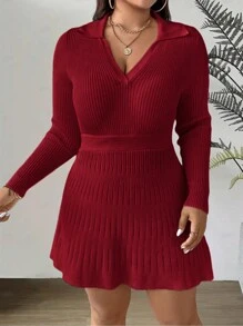 Celure Plus Size Women's Waist-Cinched Fitted Polo Collar Long Sleeve Knit Dress For New Year Clothes, For Winter - Red - View 3