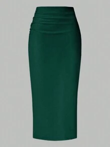 SHEIN Clasi 女士优雅纯色开衩下摆修身铅笔裙长裙 - 綠色 - 查看 1