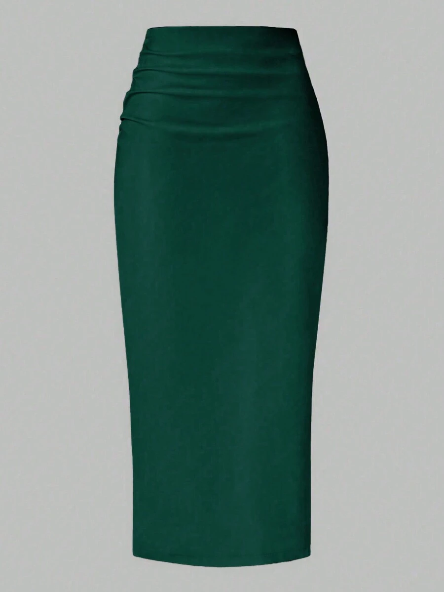 SHEIN Clasi 女士优雅纯色开衩下摆修身铅笔裙长裙 - 綠色 - 查看 1