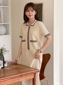 DAZY Váy len kẻ sọc tay ngắn cài nút cho nữ có xếp ly - Màu be - Xem 6