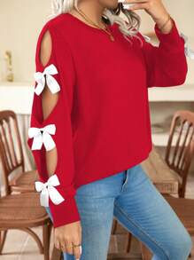 大码蝴蝶结装饰镂空长袖圆领休闲运动衫，适合新年服装 - 紅色 - 查看 1