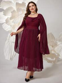 Modelyn Elegant Plus Size Pleated Poncho Sleeve Midi Dress